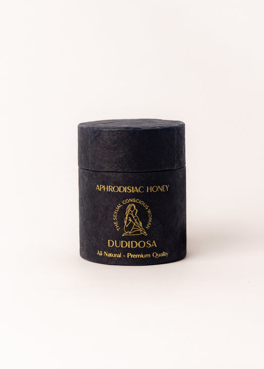 DUDIDOSA Aphrodisiac Honey β all-natural premium honey blend in elegant black and gold packaging for sexual wellness and vitality.