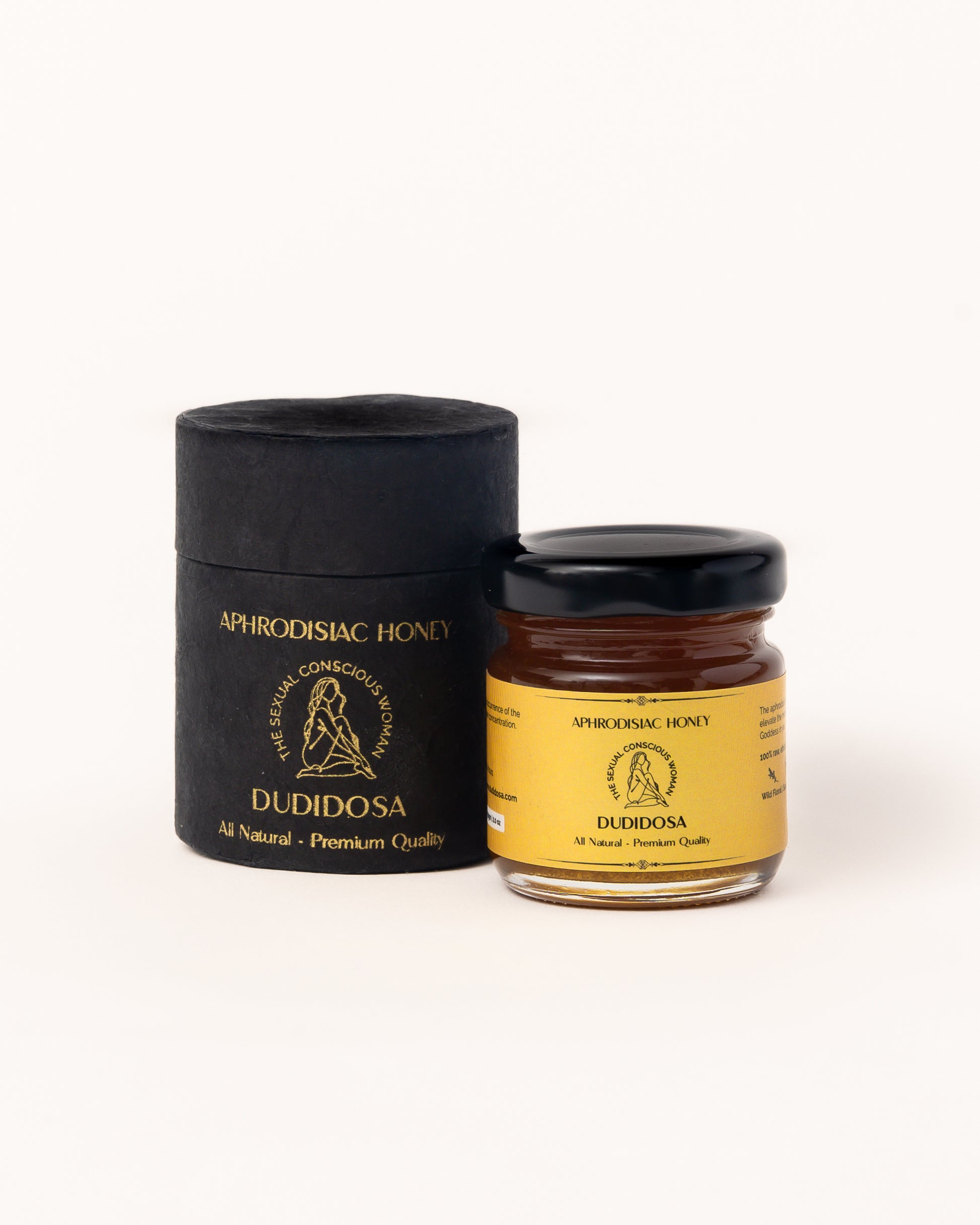 Luxury black and gold DUDIDOSA Aphrodisiac Honey promoting desire, emotion, and relaxation.