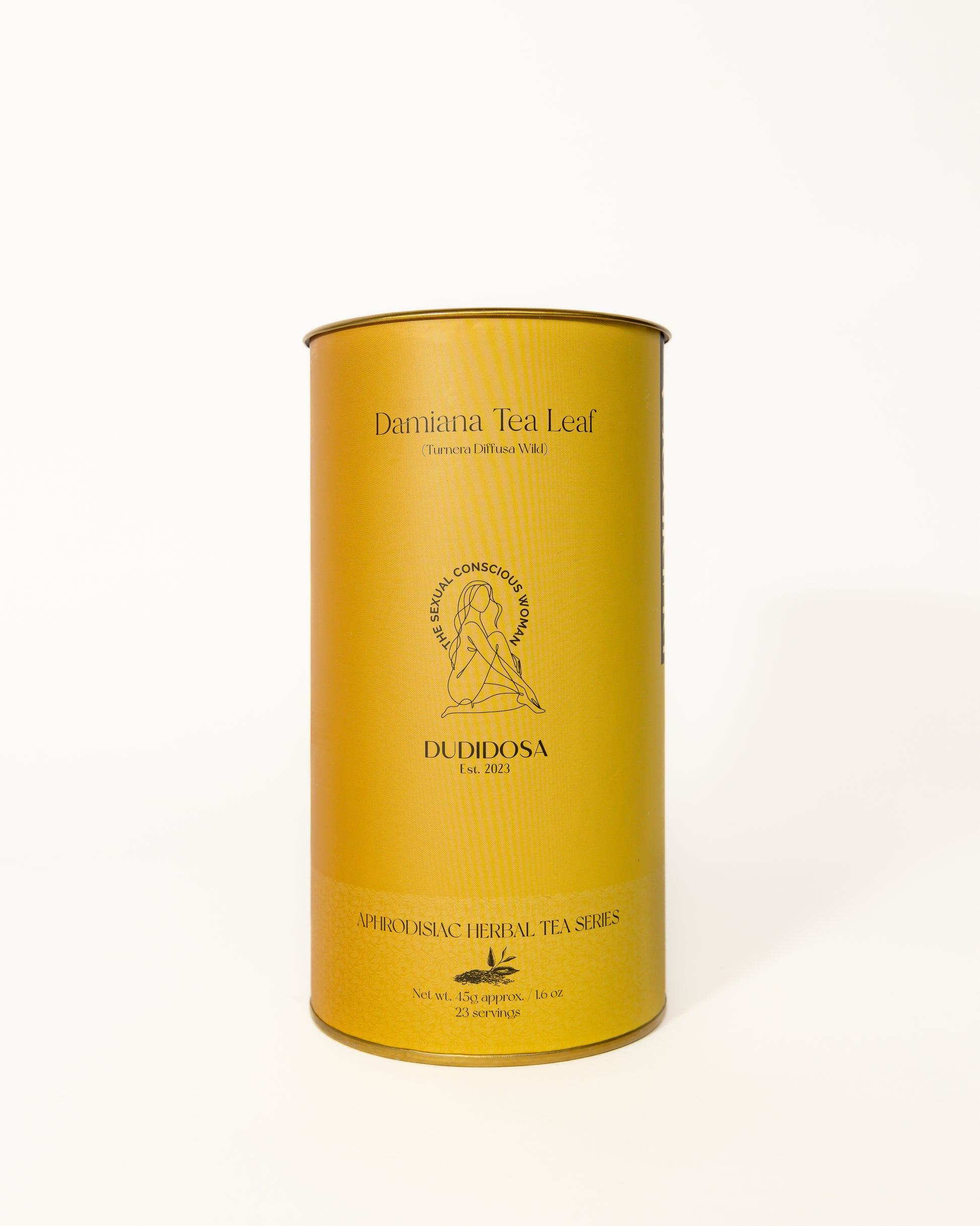 Golden cylindrical tin of DUDIDOSA Damiana Tea Leaf with minimalist gold detailing and logo. A natural aphrodisiac herbal tea made from damiana leaves, known to calm the mind, lift mood, and enhance sensual connection