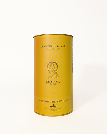 Golden cylindrical tin of DUDIDOSA Damiana Tea Leaf with minimalist gold detailing and logo. A natural aphrodisiac herbal tea made from damiana leaves, known to calm the mind, lift mood, and enhance sensual connection