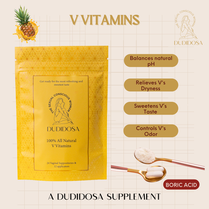 DUDIDOSA V-Vitamins product display featuring a golden pouch with geometric design, a spoonful of boric acid powder, and capsules. The text highlights key benefits: balances natural pH, relieves dryness, sweetens taste, and controls odor. The overall design feels fresh, feminine, and luxurious — emphasizing natural intimate wellness with a subtle, refreshing flavor.